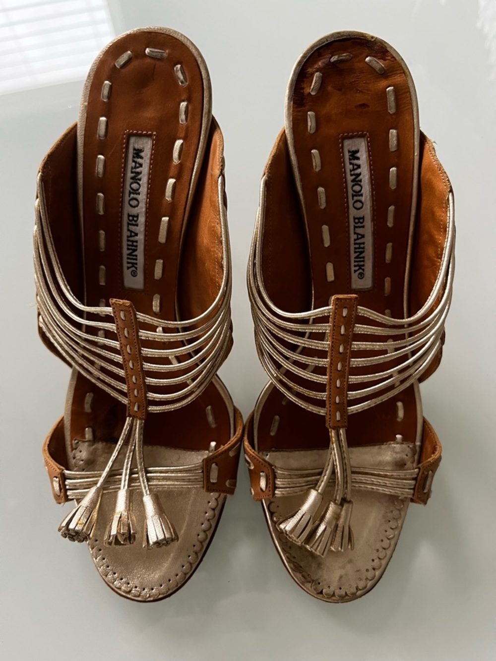 Manolo Blahnik Gold and Tan Tassel Heels 37